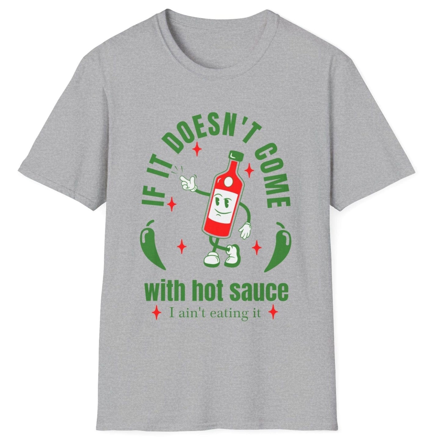 Unisex relaxed fit grey cotton T-shirt with hot sauce quote design and animated hot sauce bottle, perfect for spice lovers and foodies