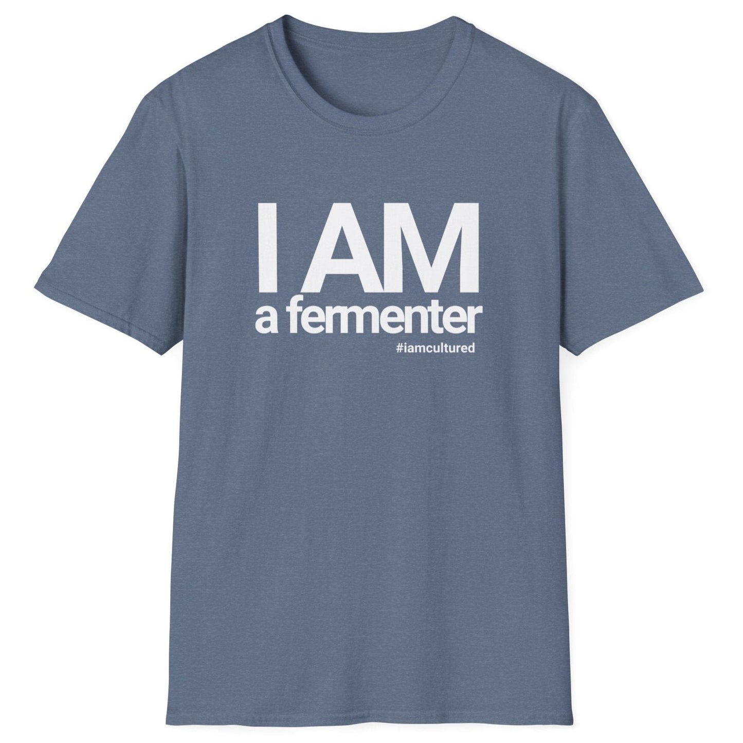 Blue cotton fermentation T-shirt with "I AM A Fermenter" bold typography and #iamcultured, perfect gift for fermenters and fermentation enthusiasts