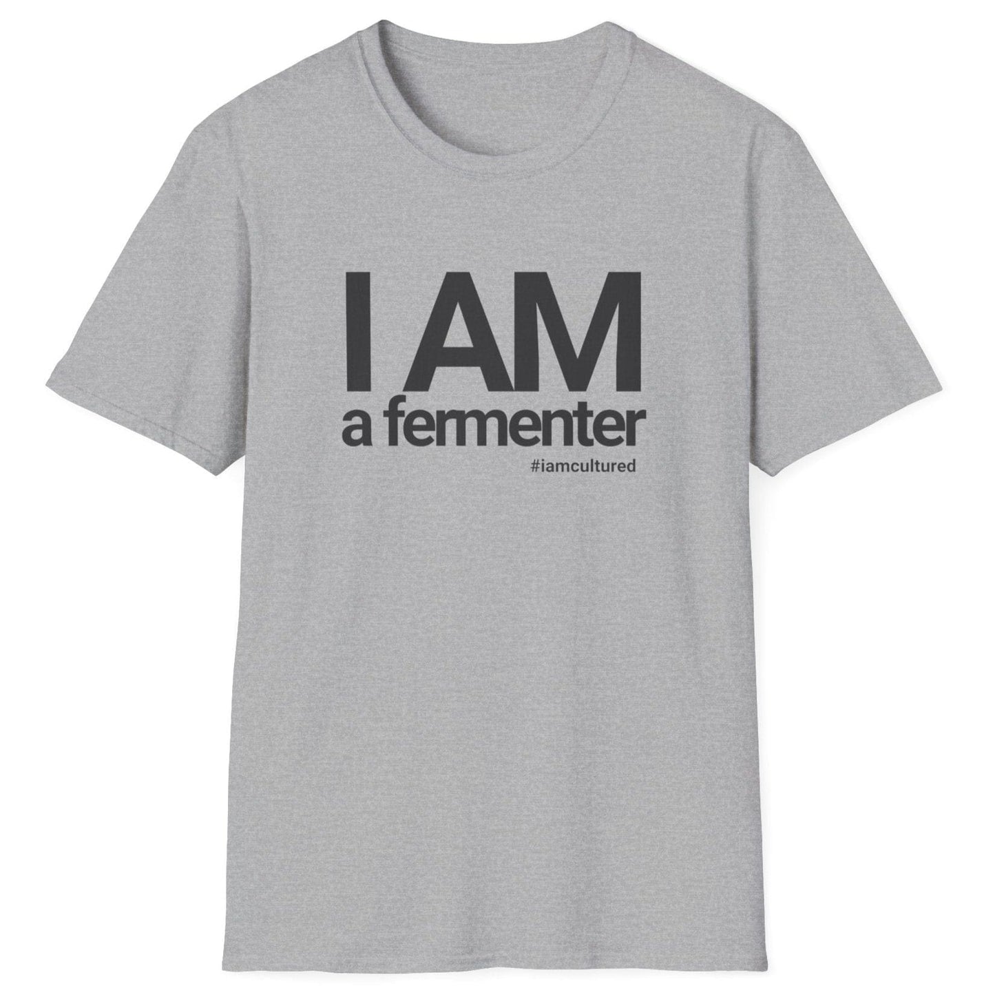 Grey cotton fermentation T-shirt with "I AM A Fermenter" bold typography and #iamcultured, perfect gift for fermenters and fermentation enthusiasts