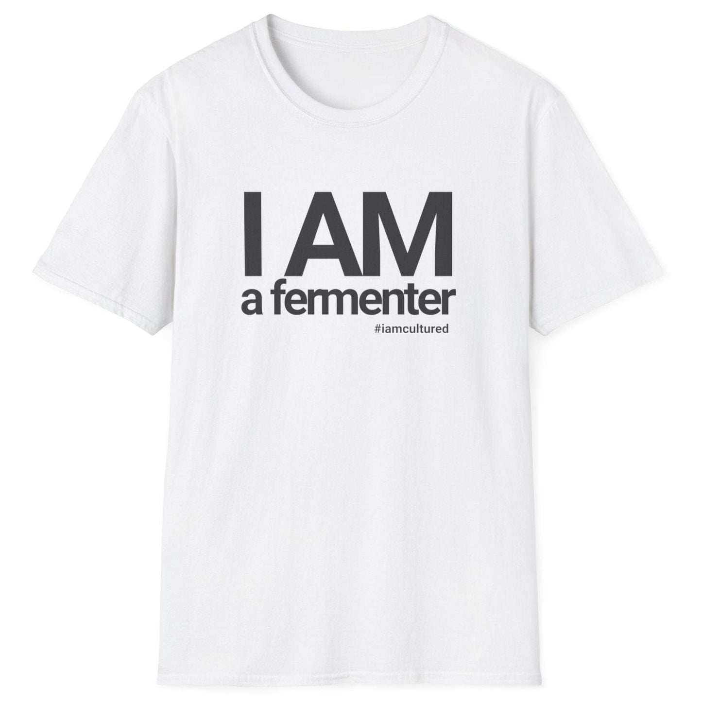 White cotton fermentation T-shirt with "I AM A Fermenter" bold typography and #iamcultured, perfect gift for fermenters and fermentation enthusiasts
