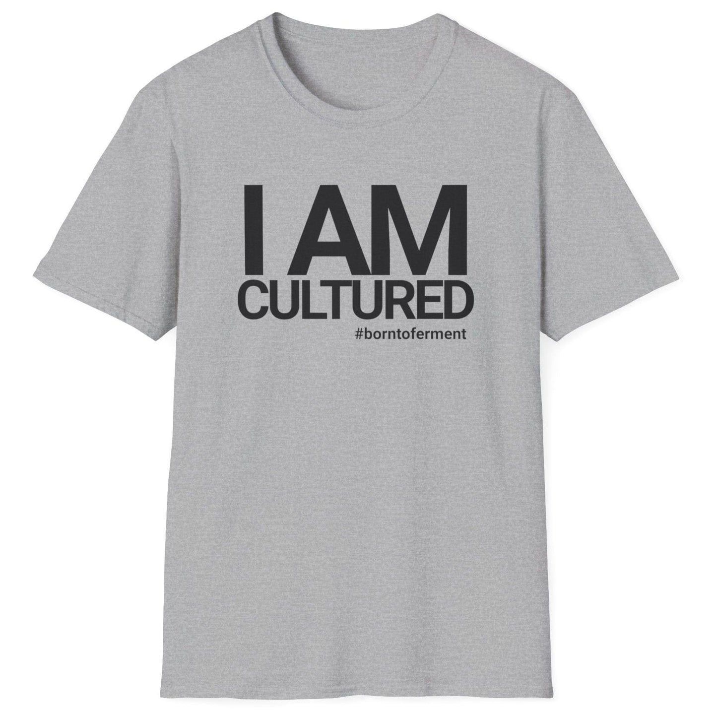 I Am Cultured grey fermentation T-shirt with customizable hashtags for fermentation lovers. Soft, relaxed-fit unisex cotton tee, perfect gift for fermenters, kombucha brewers, and gut health enthusiasts.