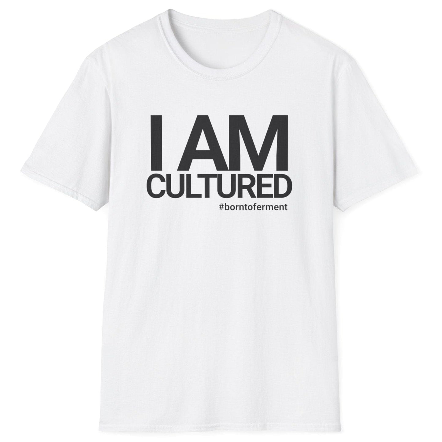 I Am Cultured white fermentation T-shirt with customizable hashtags for fermentation lovers. Soft, relaxed-fit unisex cotton tee, perfect gift for fermenters, kombucha brewers, and gut health enthusiasts