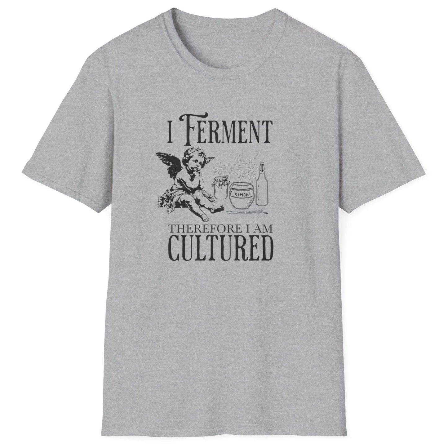 I Ferment Therefore I Am Cultured grey T-shirt featuring a thoughtful cherub and bubbling ferments. Perfect gift for fermentation lovers, kombucha brewers, and kimchi makers. Soft, relaxed-fit unisex cotton tee