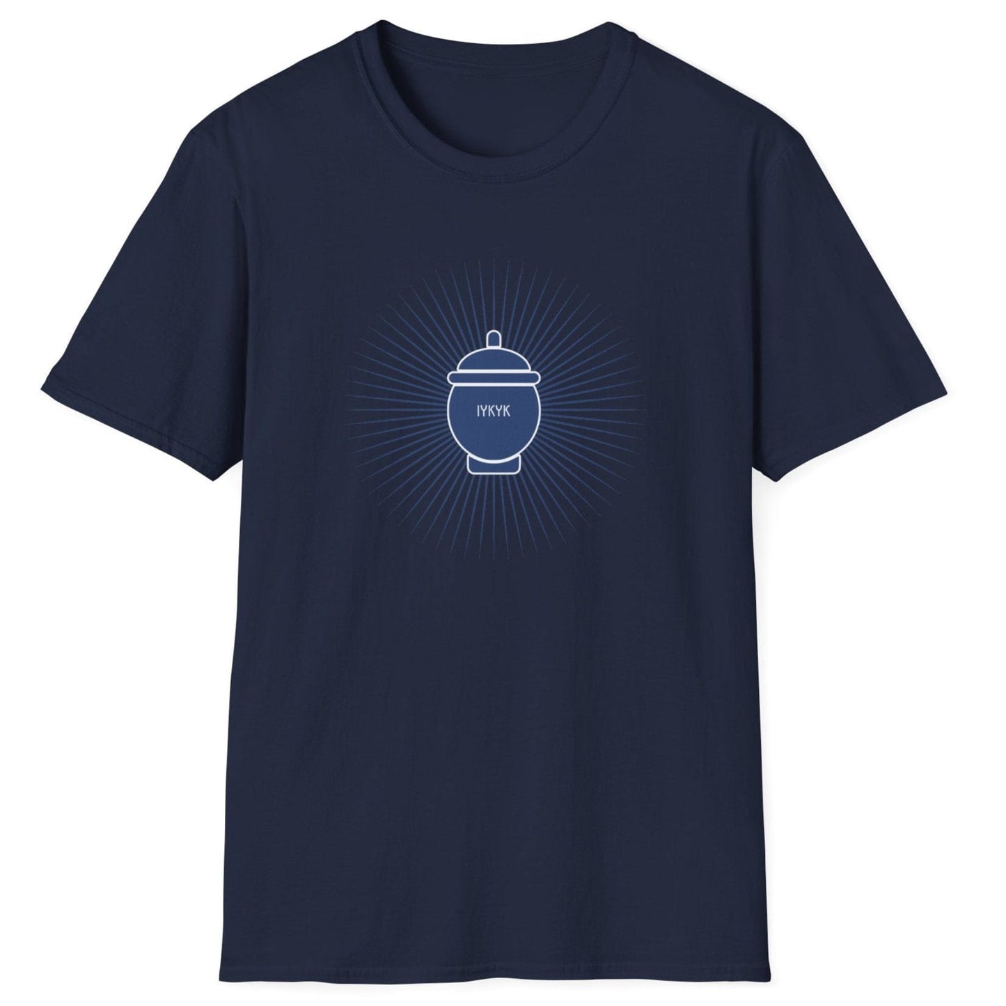 IYKYK navy Fermentation T-shirt featuring a traditional fermentation vessel with radiating rays. Perfect gift for kimchi lovers, kombucha brewers, and fermentation enthusiasts. Soft, relaxed-fit unisex cotton tee.