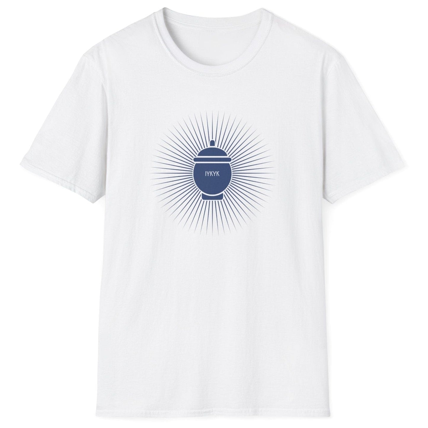IYKYK white Fermentation T-shirt featuring a traditional fermentation vessel with radiating rays. Perfect gift for kimchi lovers, kombucha brewers, and fermentation enthusiasts. Soft, relaxed-fit unisex cotton tee.