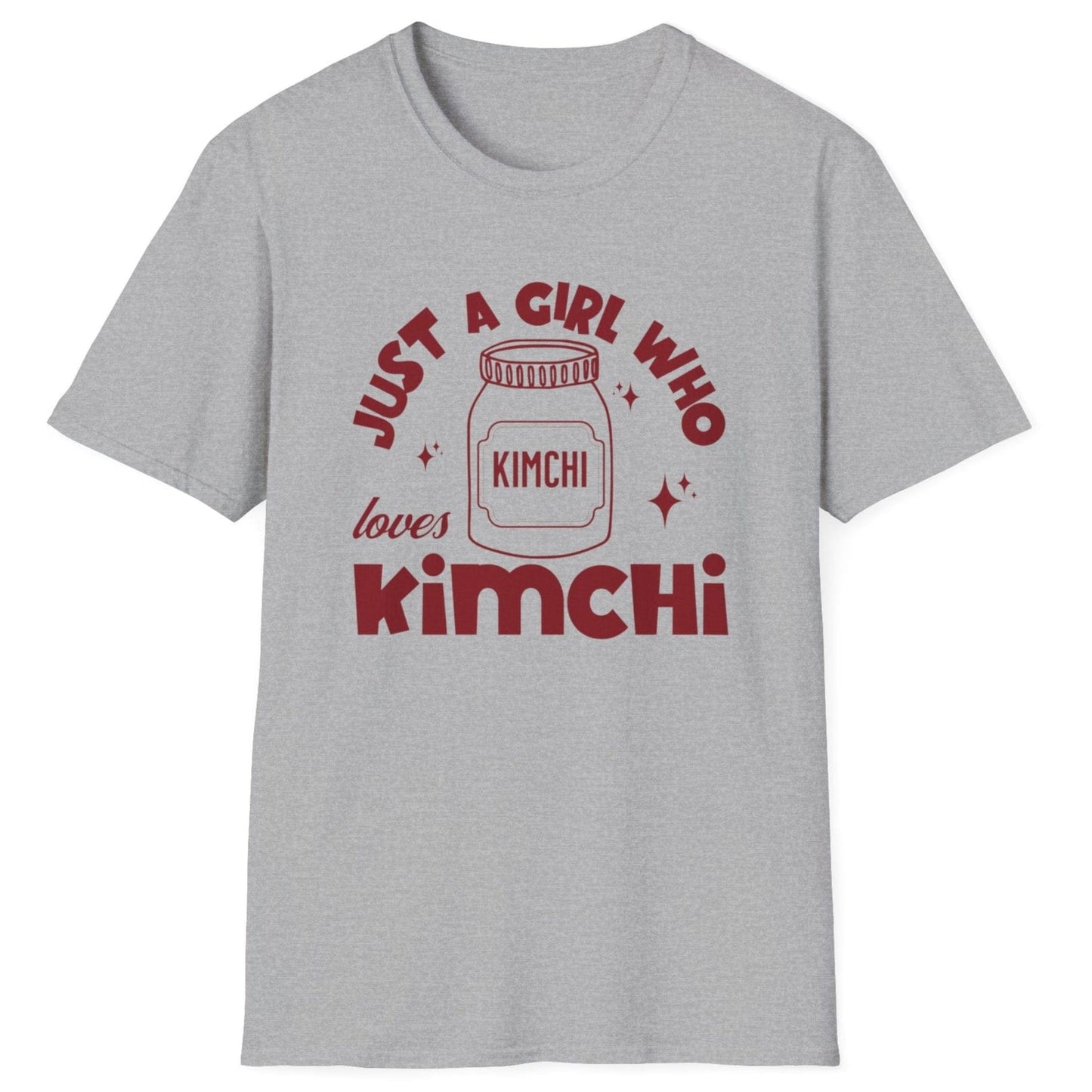 Just A Girl Who Loves Kimchi fermentation T-Shirt in grey featuring bold typography and an illustration of a jar of kimchi, perfect for Korean food lovers and K-culture fans. Great gift for fermenters.