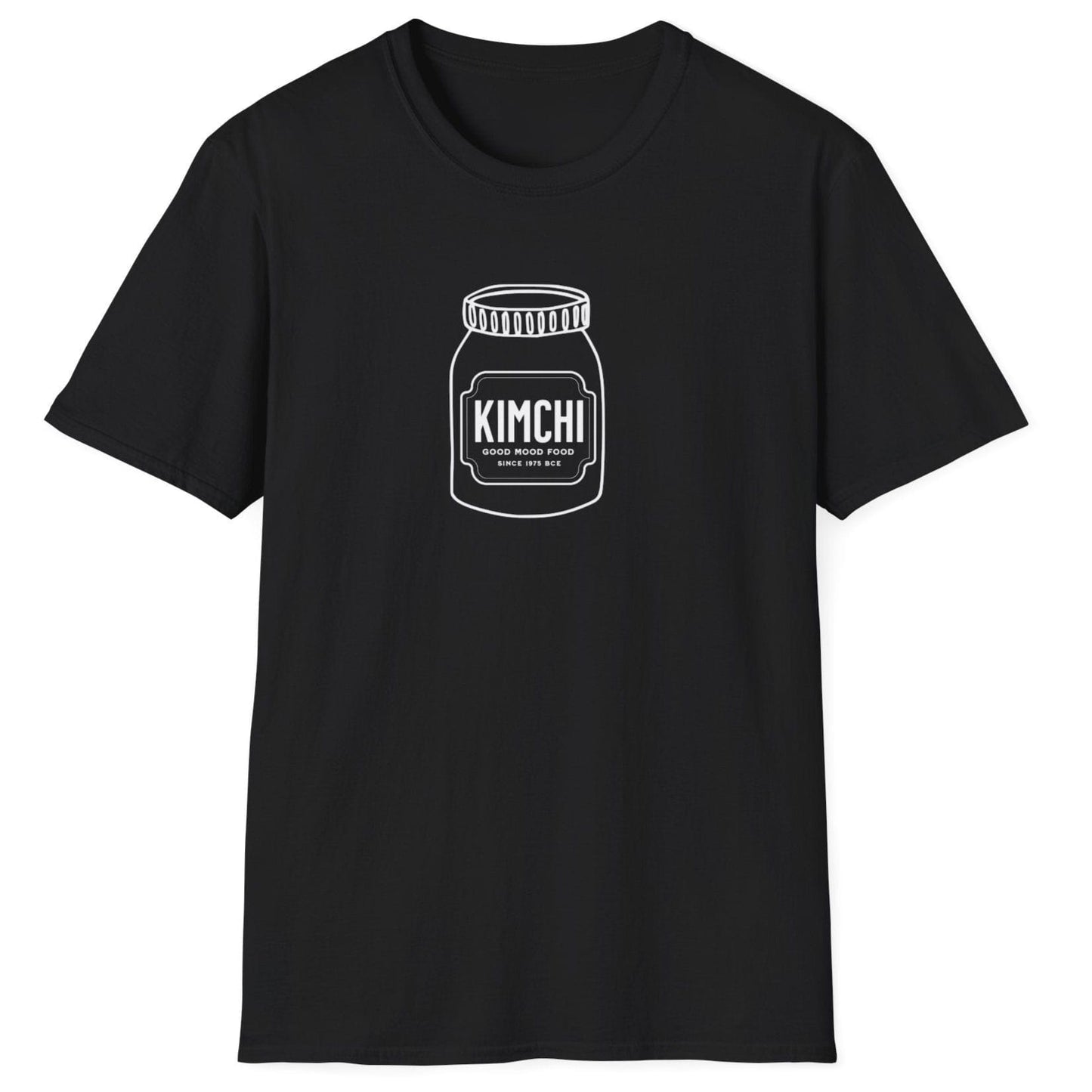 Kimchi: Good Mood Food T-Shirt in black featuring a hand-drawn kimchi jar with a label honouring 4,000 years of fermentation. A perfect fermentation T-shirt and gift for fermenters and kimchi lovers