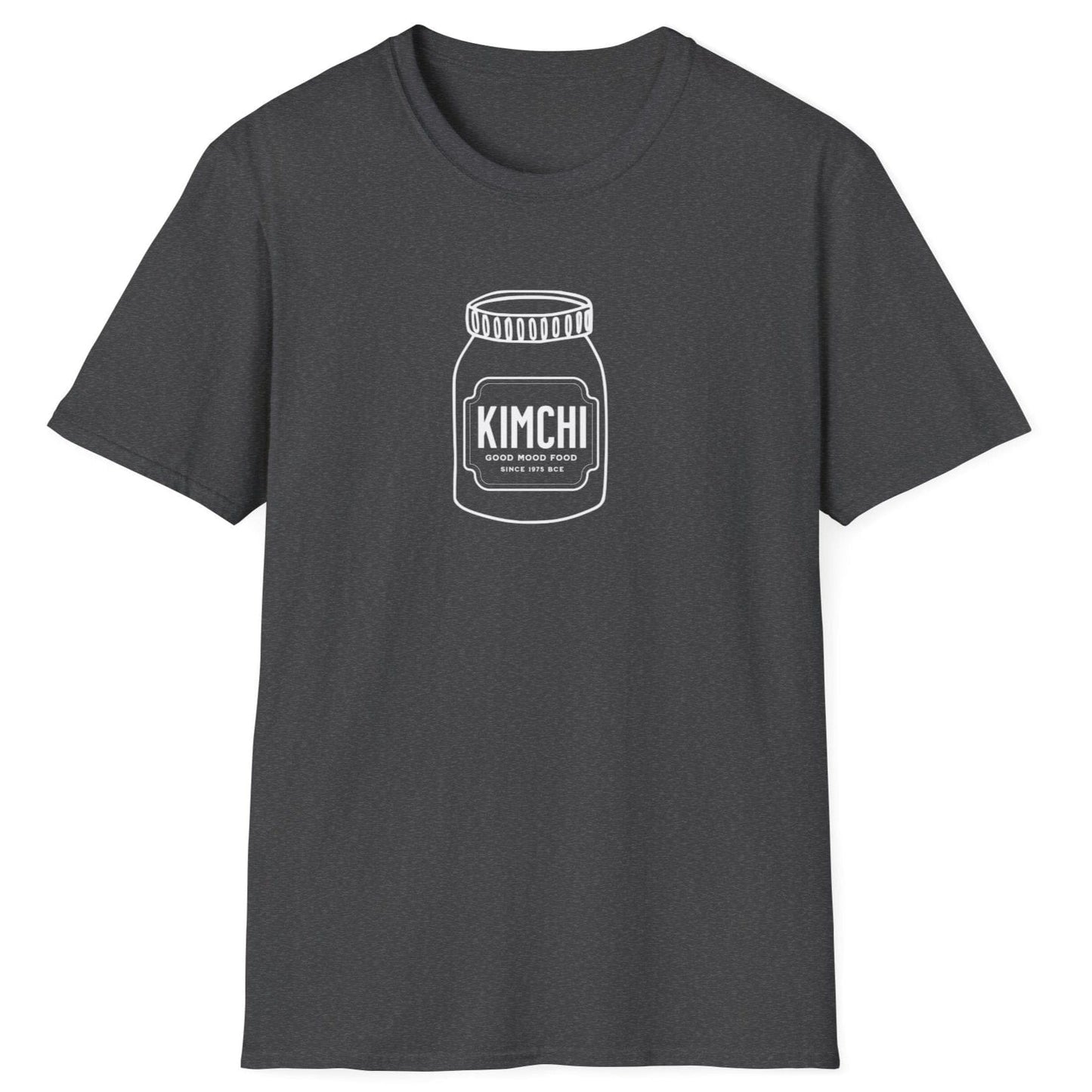 Kimchi: Good Mood Food T-Shirt in dark grey featuring a hand-drawn kimchi jar with a label honouring 4,000 years of fermentation. A perfect fermentation T-shirt and gift for fermenters and kimchi lovers