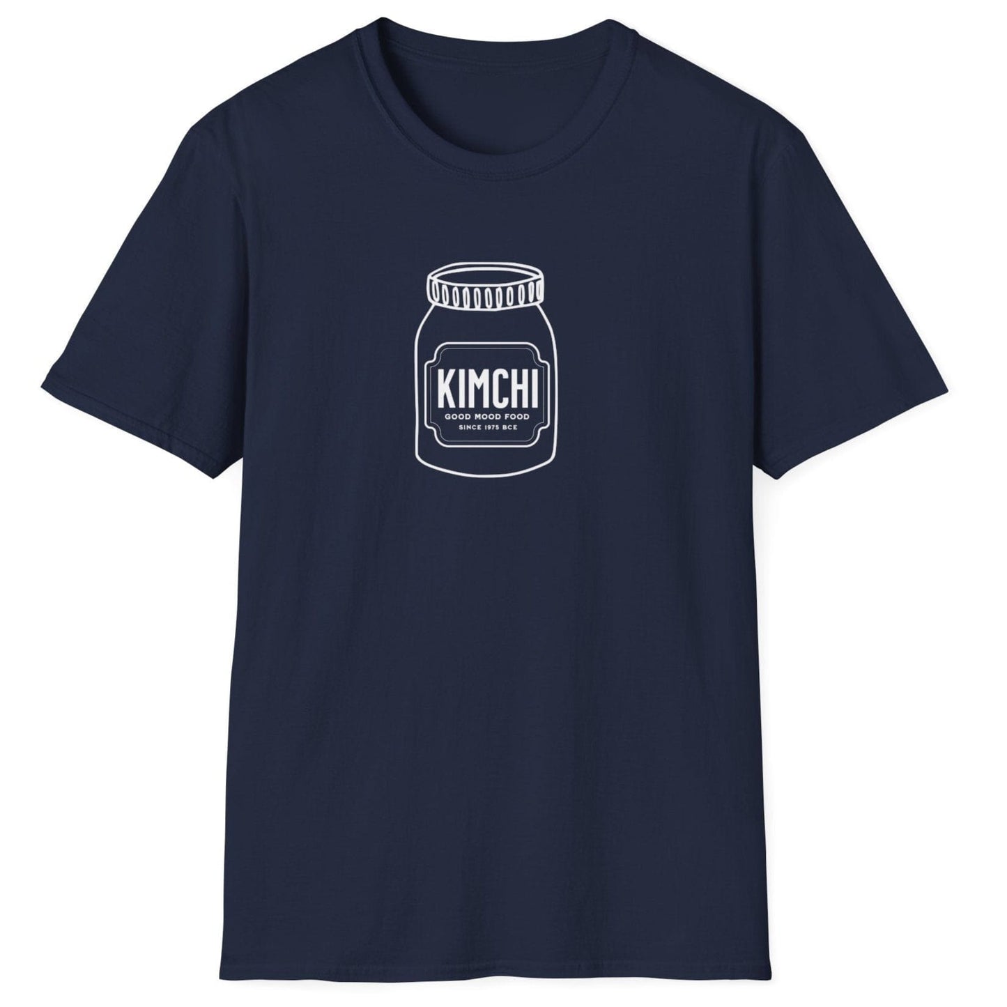 Kimchi: Good Mood Food T-Shirt in navy featuring a hand-drawn kimchi jar with a label honouring 4,000 years of fermentation. A perfect fermentation T-shirt and gift for fermenters and kimchi lovers