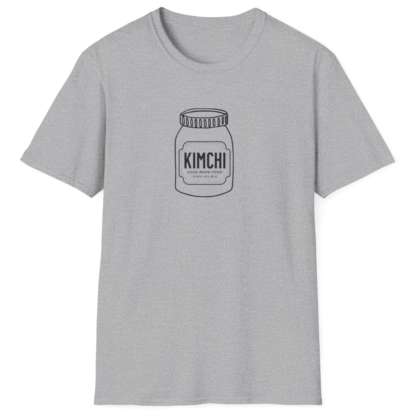 Kimchi: Good Mood Food T-Shirt in sports grey featuring a hand-drawn kimchi jar with a label honouring 4,000 years of fermentation. A perfect fermentation T-shirt and gift for fermenters and kimchi lovers