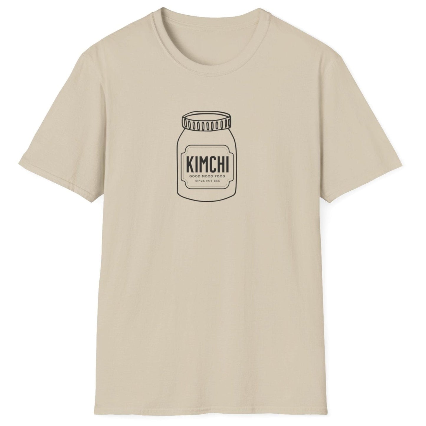 Kimchi: Good Mood Food T-Shirt in neutral featuring a hand-drawn kimchi jar with a label honouring 4,000 years of fermentation. A perfect fermentation T-shirt and gift for fermenters and kimchi lovers