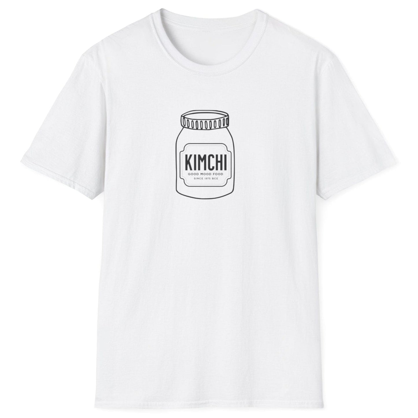Kimchi: Good Mood Food T-Shirt in white featuring a hand-drawn kimchi jar with a label honouring 4,000 years of fermentation. A perfect fermentation T-shirt and gift for fermenters and kimchi lovers