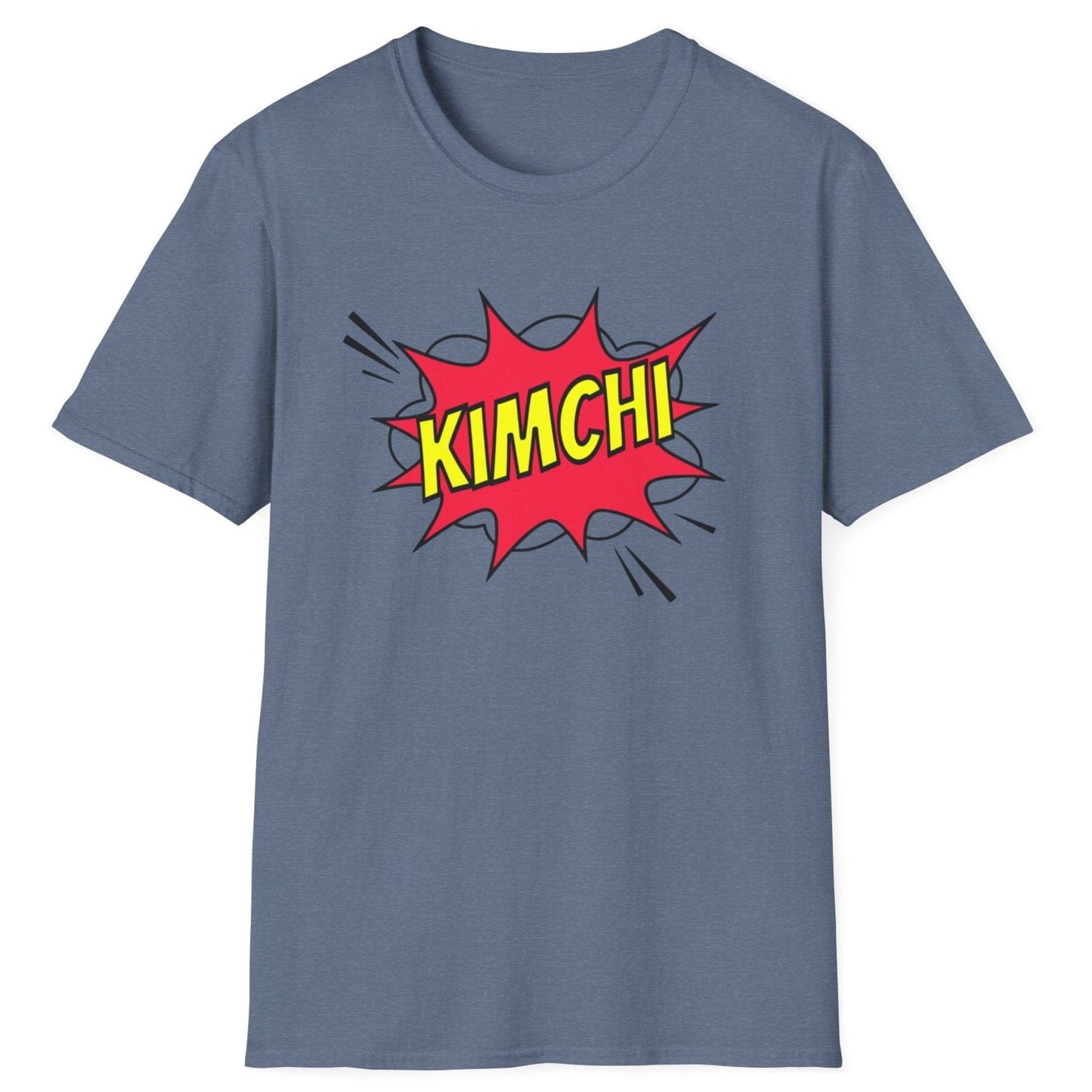 Comic book-style "Kimchi" explosion graphic with bold yellow text on a blue cotton T-Shirt, designed for a Korean foodies , fermentation fans and kimchi lovers.