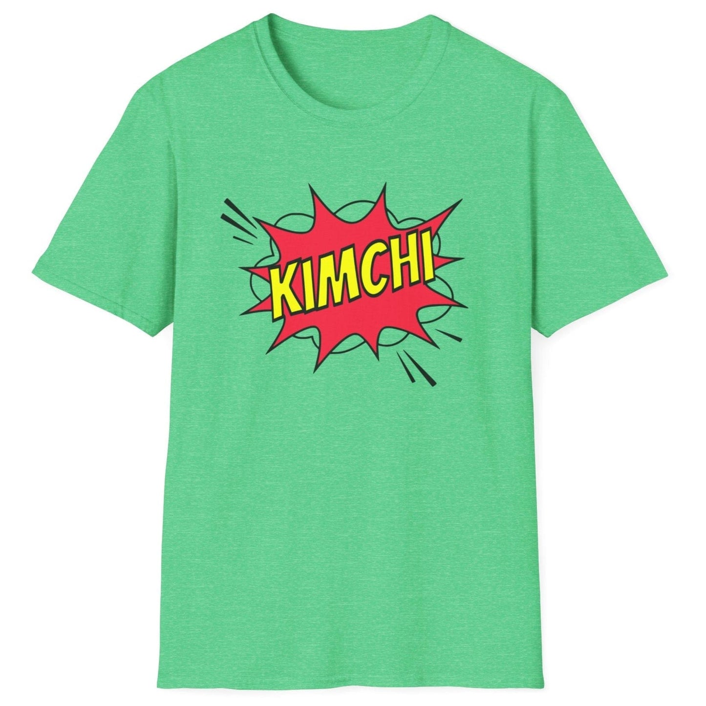Comic book-style "Kimchi" explosion graphic with bold yellow text on a green cotton T-Shirt, designed for a Korean foodies , fermentation fans and kimchi lovers.