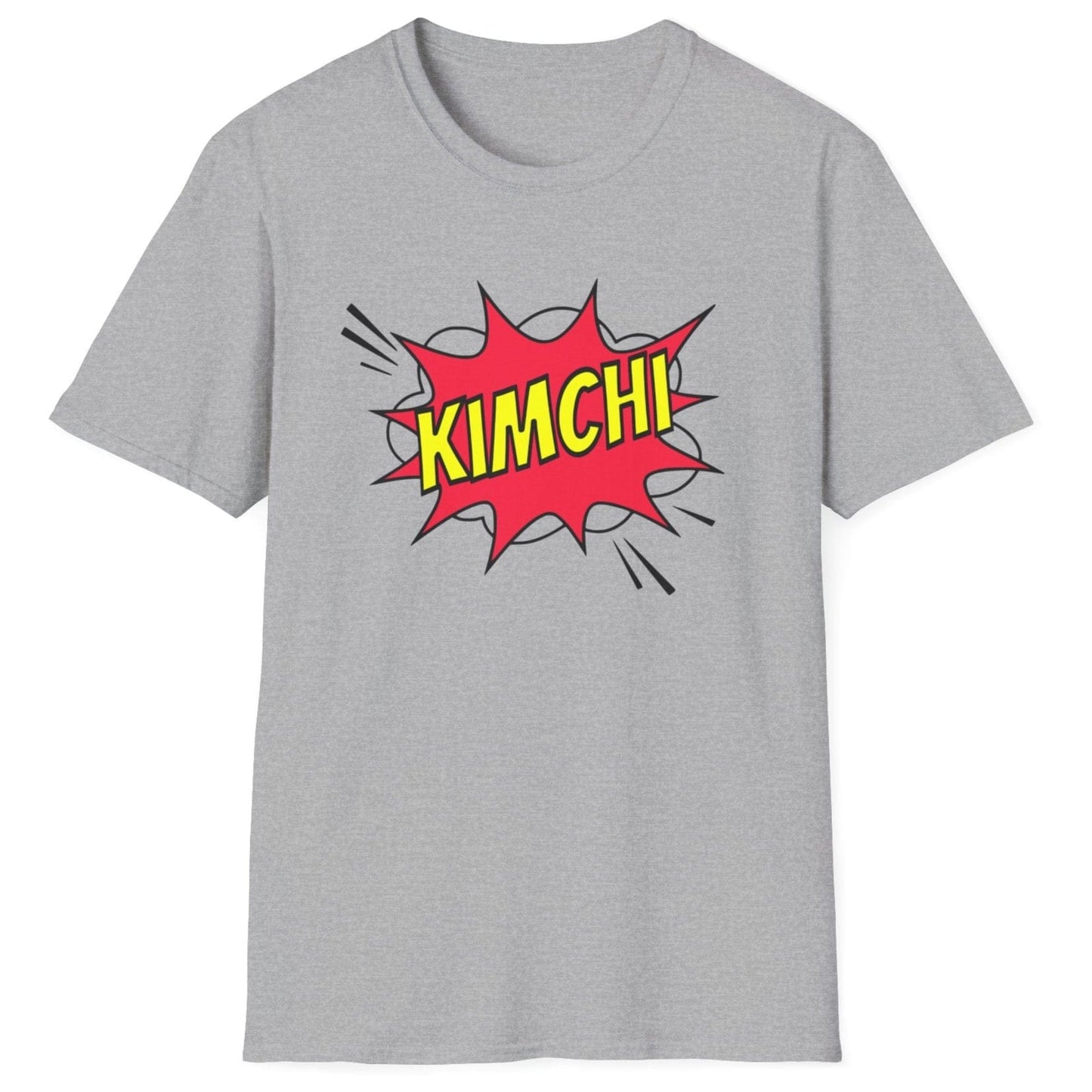 Comic book-style "Kimchi" explosion graphic with bold yellow text on a grey cotton T-Shirt, designed for a Korean foodies , fermentation fans and kimchi lovers.