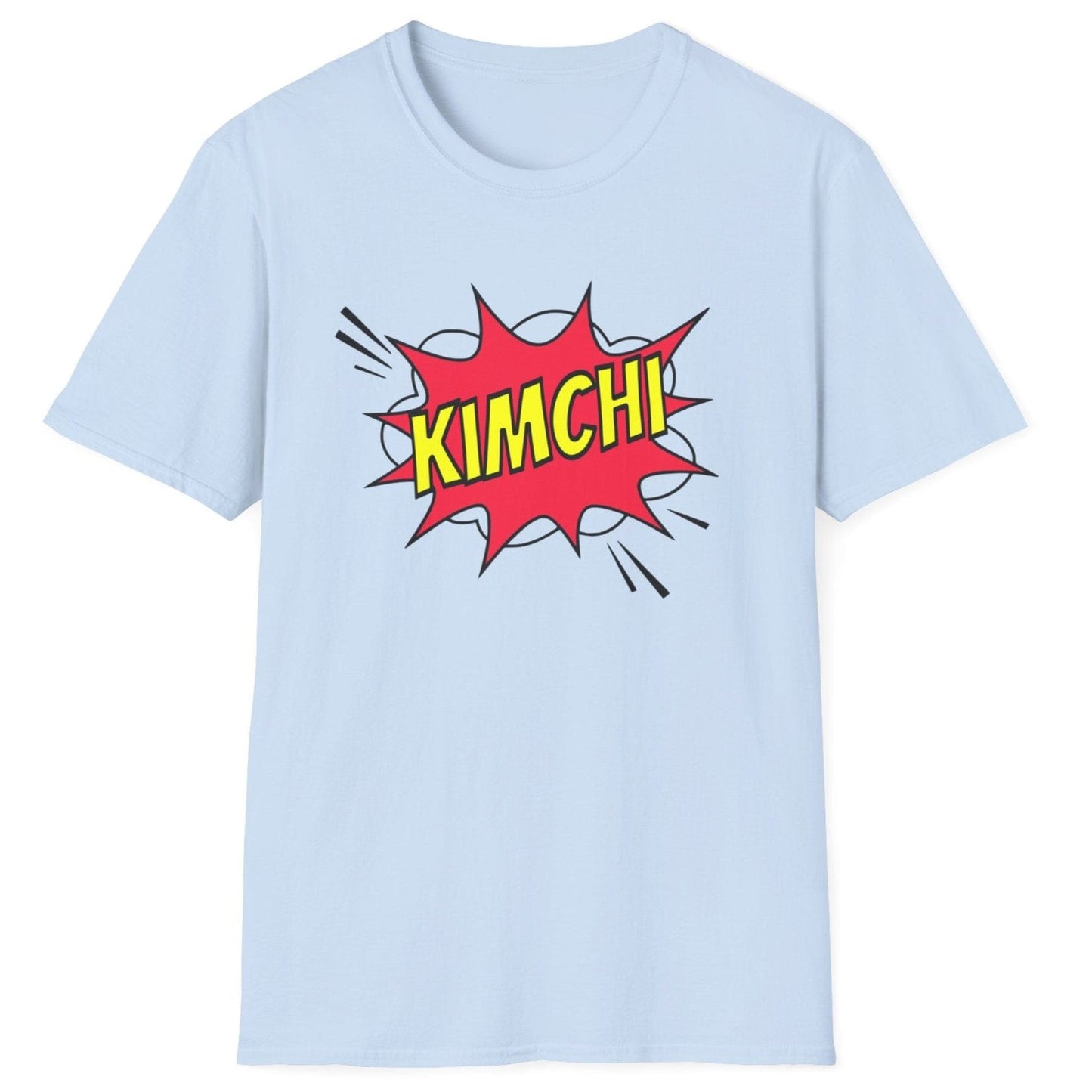 Comic book-style "Kimchi" explosion graphic with bold yellow text on a light blue cotton T-Shirt, designed for a Korean foodies , fermentation fans and kimchi lovers.