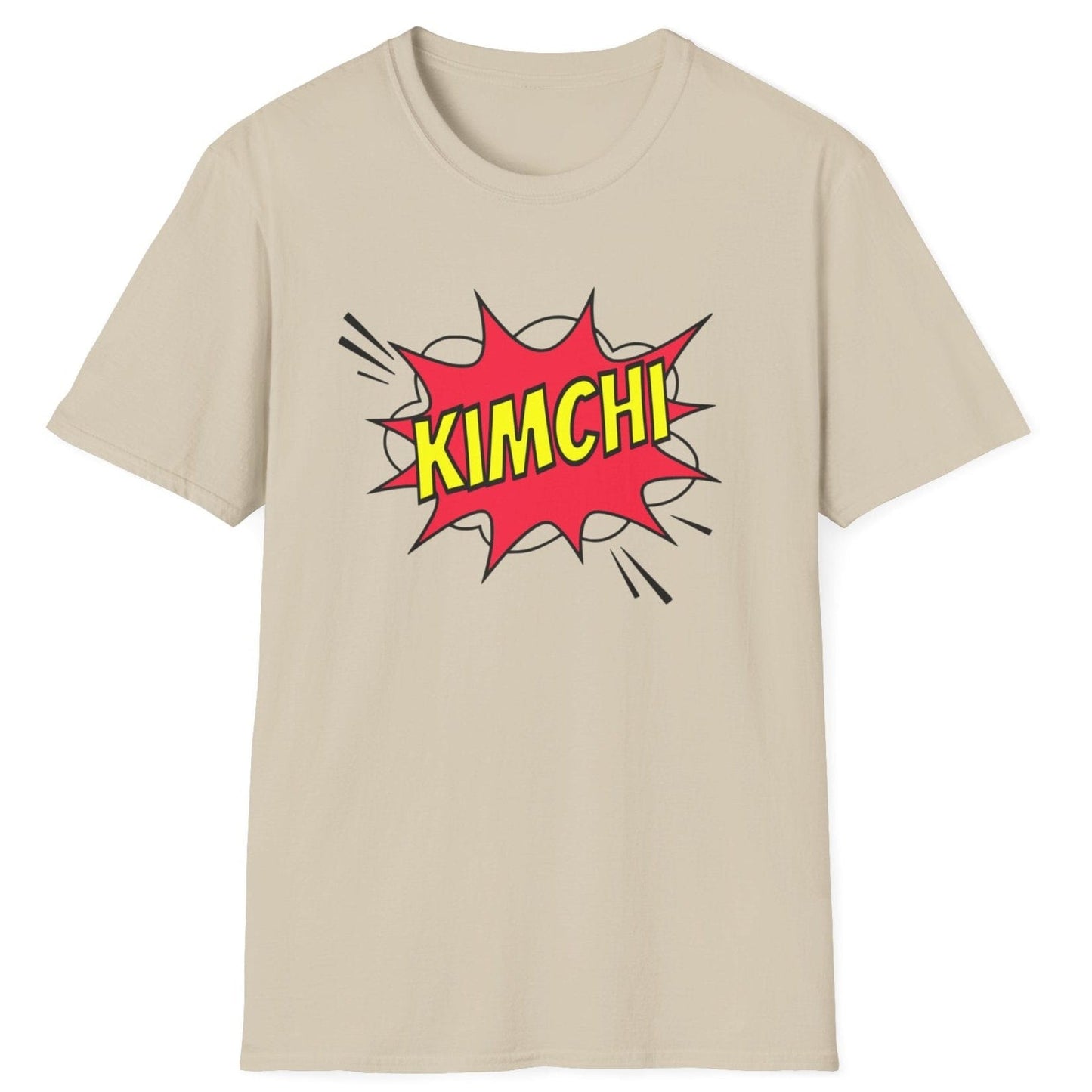 Comic book-style "Kimchi" explosion graphic with bold yellow text on a neutral cotton T-Shirt, designed for a Korean foodies , fermentation fans and kimchi lovers.