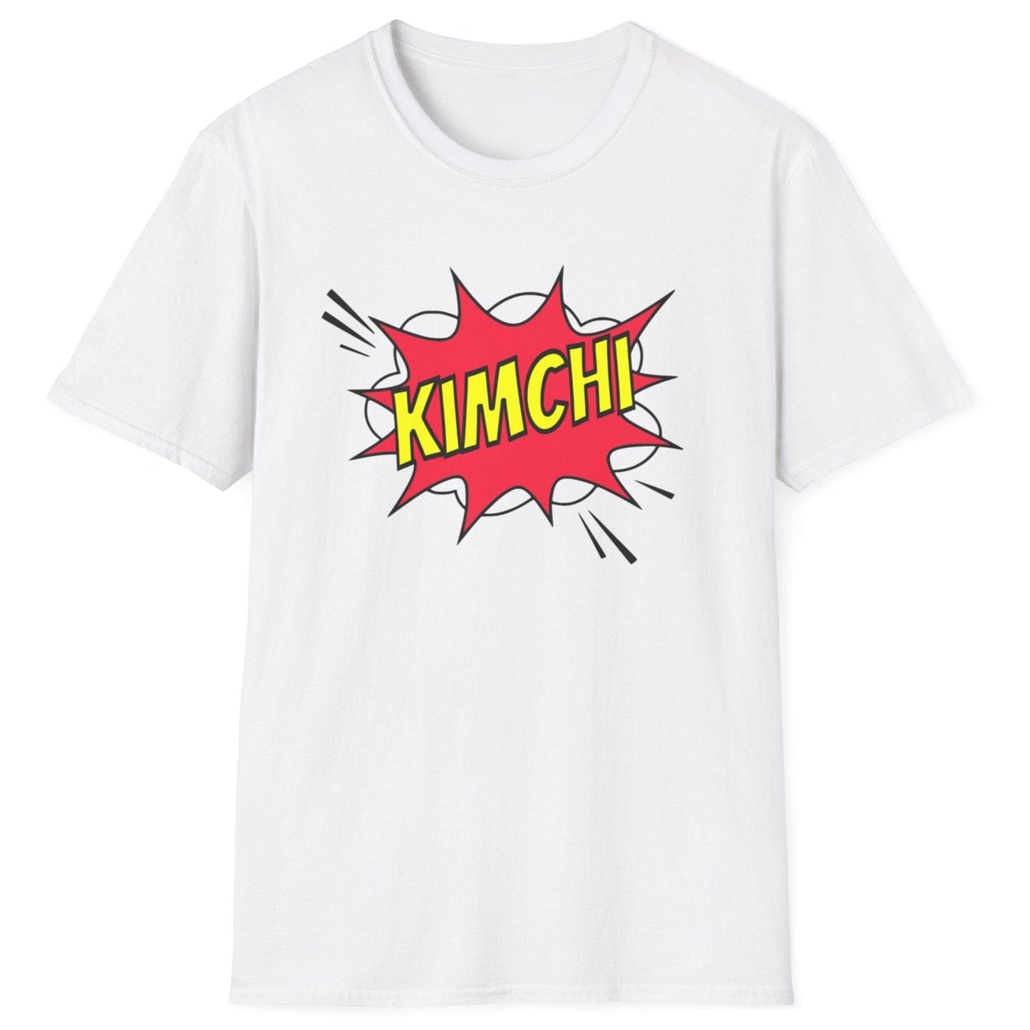 Comic book-style "Kimchi" explosion graphic with bold yellow text on a white cotton T-Shirt, designed for a Korean foodies , fermentation fans and kimchi lovers.