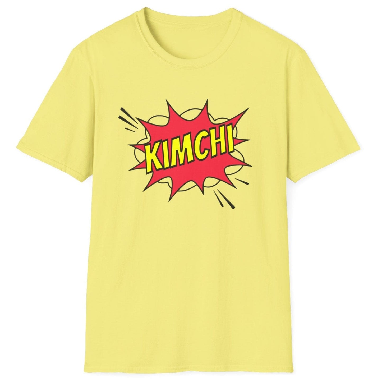 Comic book-style "Kimchi" explosion graphic with bold yellow text on a yellow cotton T-Shirt, designed for a Korean foodies , fermentation fans and kimchi lovers.