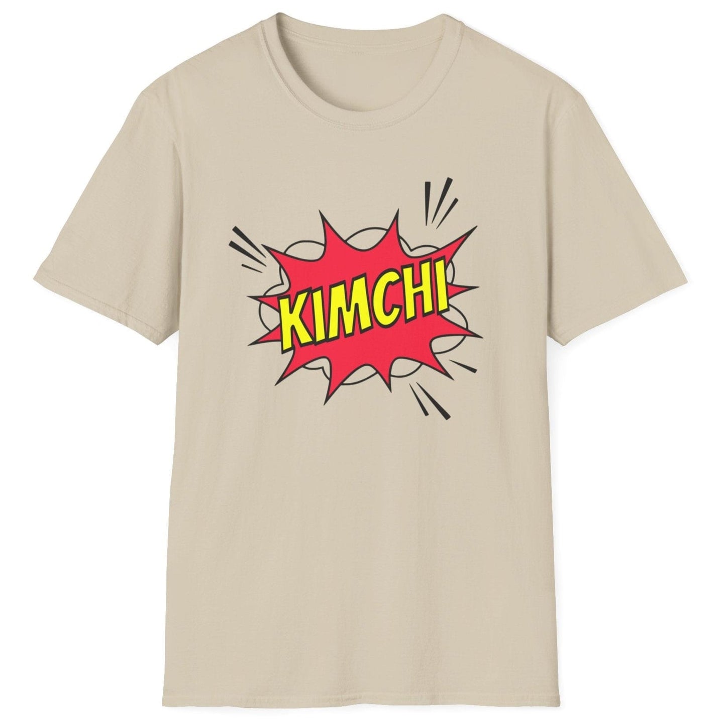 Comic book-style "Kimchi" explosion graphic with bold yellow text on a neutral cotton T-Shirt, designed for a Korean foodies , fermentation fans and kimchi lovers.