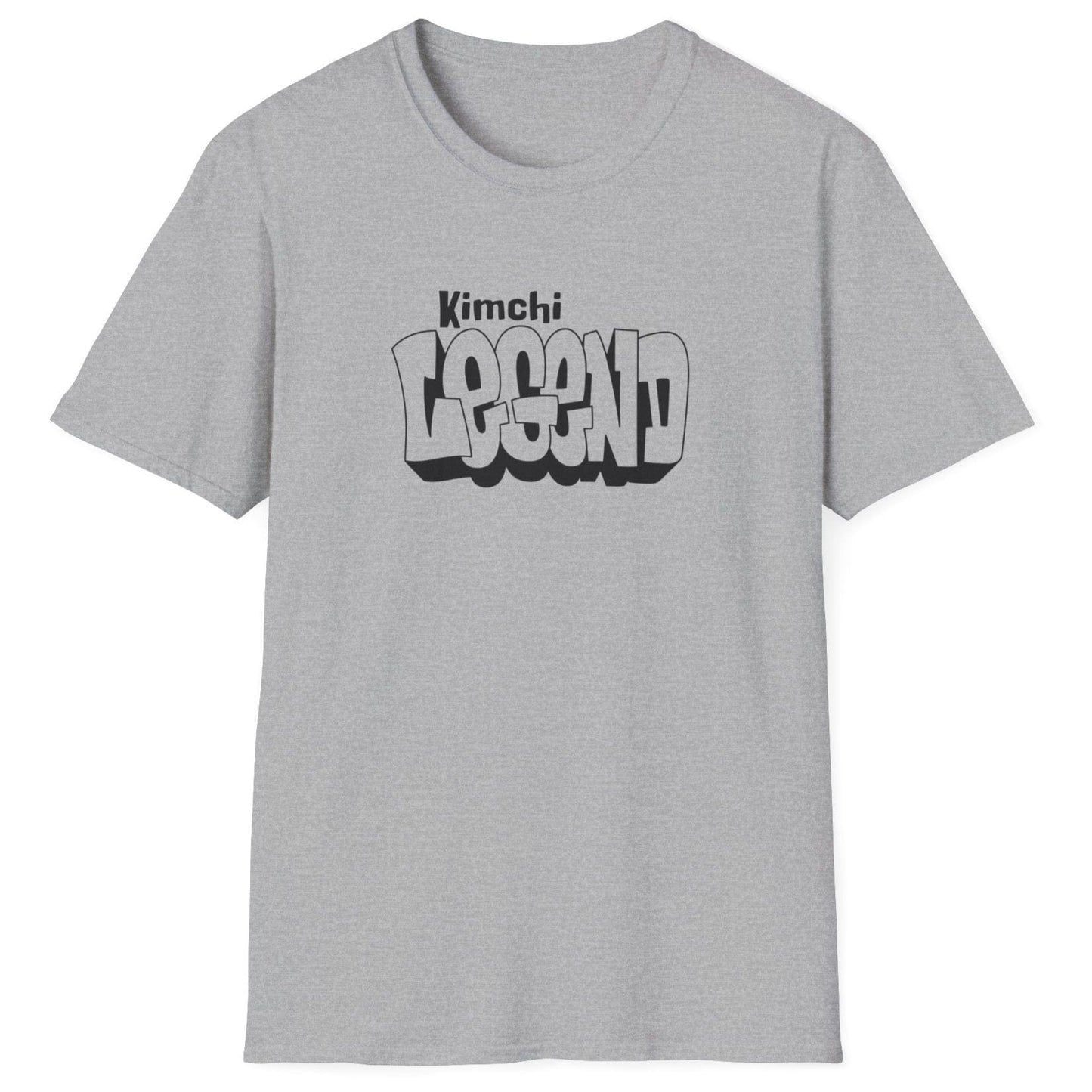 Kimchi Legend sports grey T-shirt featuring bold graffiti-style typography in a mono-color design. Perfect for fermentation fans, kimchi lovers, and home fermenters