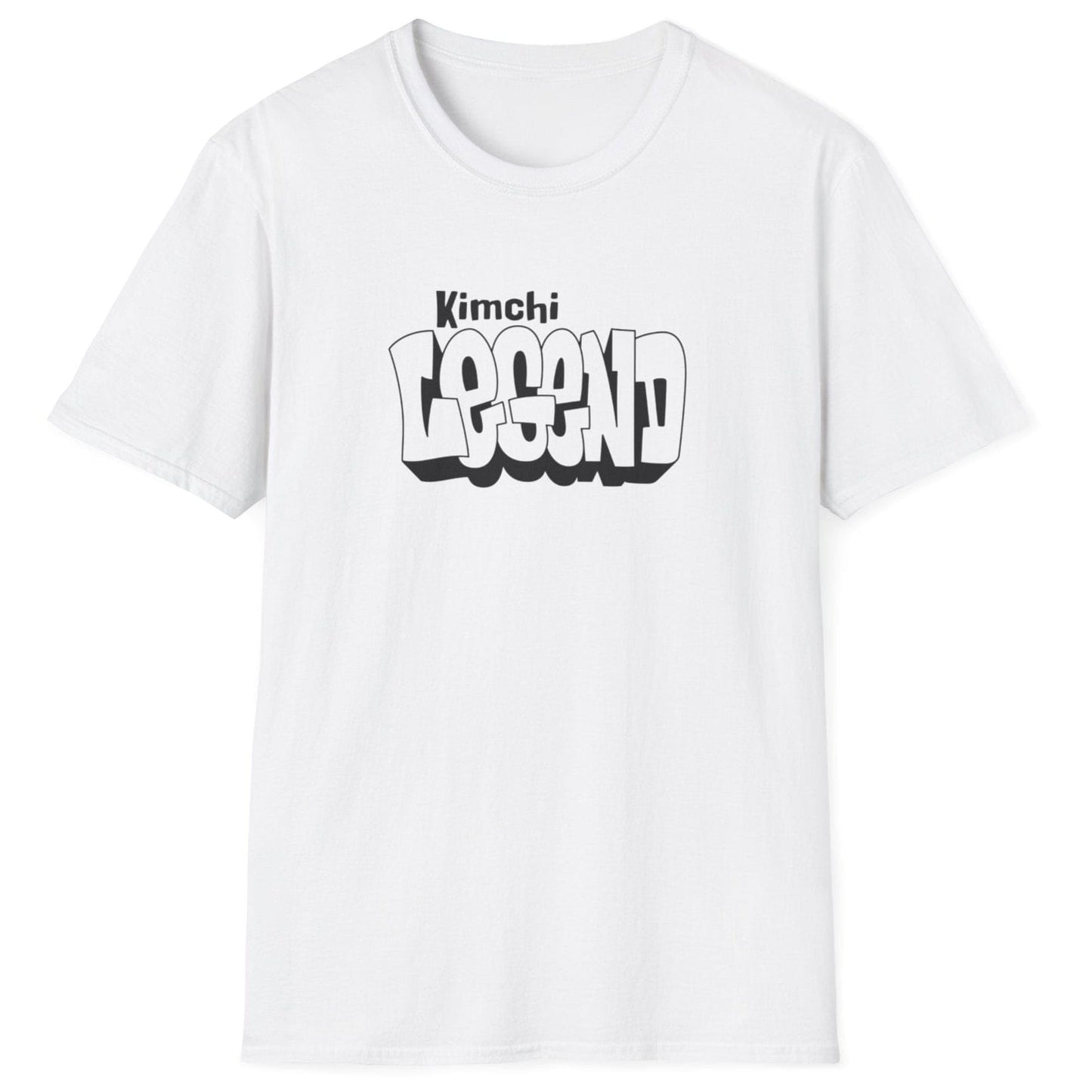Kimchi Legend white T-shirt featuring bold graffiti-style typography in a mono-color design. Perfect for fermentation fans, kimchi lovers, and home fermenters.