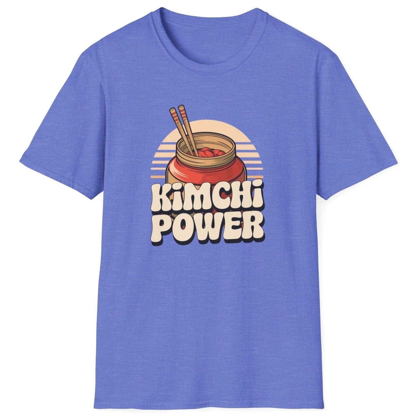 Kimchi Power blue fermentation T-shirt featuring bold typography and an onggi pot filled with vibrant kimchi, chopsticks ready. Perfect for fermenters, foodies, and Korean cuisine lovers. Soft, breathable unisex cotton tee, ideal for everyday wear and fermentation fans