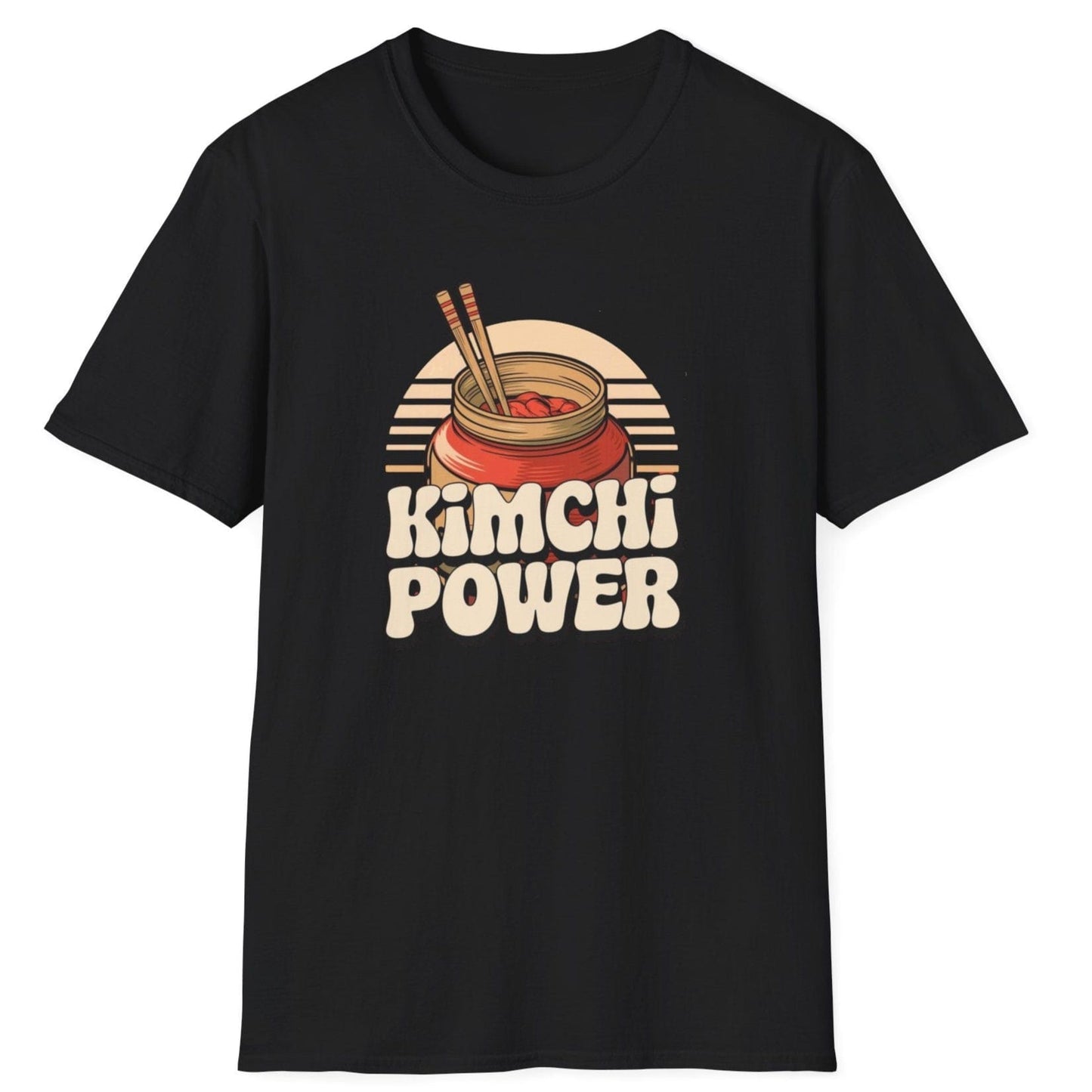 Kimchi Power black fermentation T-shirt featuring bold typography and an onggi pot filled with vibrant kimchi, chopsticks ready. Perfect for fermenters, foodies, and Korean cuisine lovers. Soft, breathable unisex cotton tee, ideal for everyday wear and fermentation fans