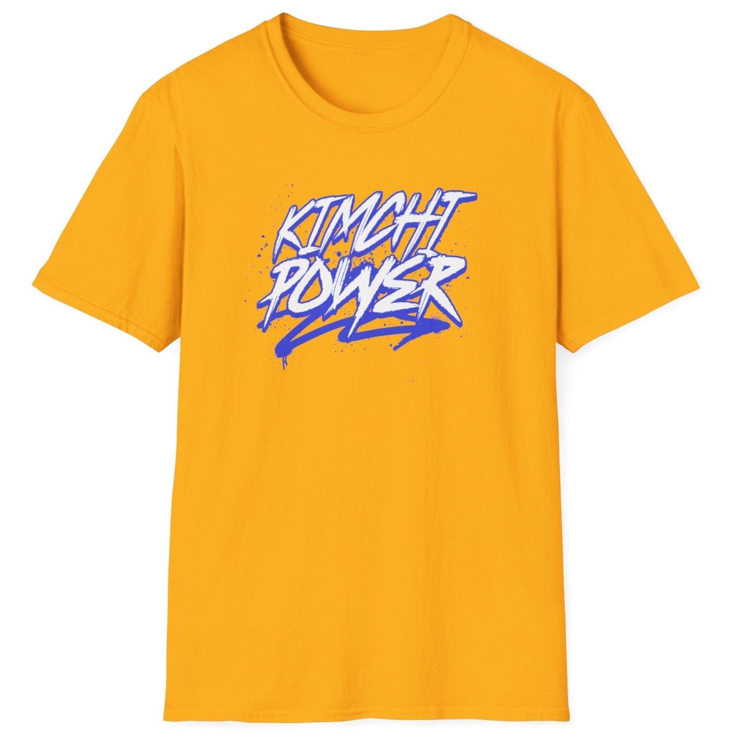 Kimchi Power fermentation T-Shirt in gold with bold graffiti-style font – perfect gift for fermenters and kimchi lovers