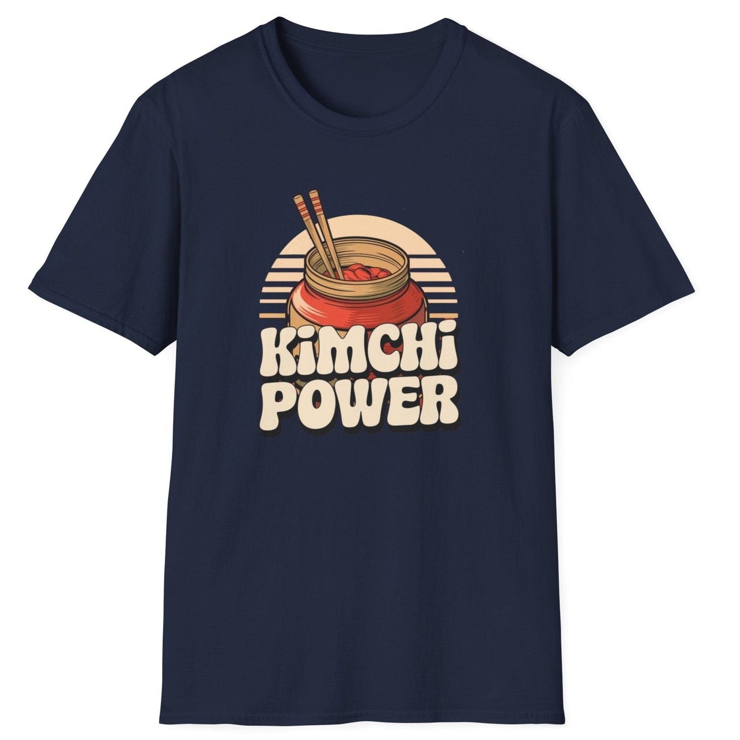 Kimchi Power navy fermentation T-shirt featuring bold typography and an onggi pot filled with vibrant kimchi, chopsticks ready. Perfect for fermenters, foodies, and Korean cuisine lovers. Soft, breathable unisex cotton tee, ideal for everyday wear and fermentation fans