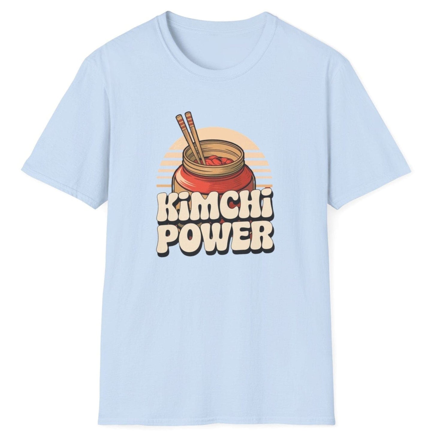 Kimchi Power light blue fermentation T-shirt featuring bold typography and an onggi pot filled with vibrant kimchi, chopsticks ready. Perfect for fermenters, foodies, and Korean cuisine lovers. Soft, breathable unisex cotton tee, ideal for everyday wear and fermentation fans