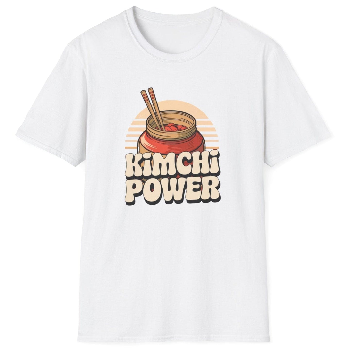 Kimchi Power white fermentation T-shirt featuring bold typography and an onggi pot filled with vibrant kimchi, chopsticks ready. Perfect for fermenters, foodies, and Korean cuisine lovers. Soft, breathable unisex cotton tee, ideal for everyday wear and fermentation fans