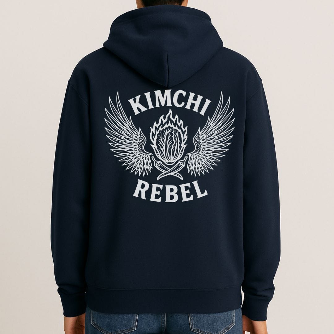 Navy Kimchi Rebel back print hoodie for fans of fermentation, featuring a nappa cabbage in spicy flames, wings and crossed chillies. Design inspired by vintage Harley Davidson jackets.