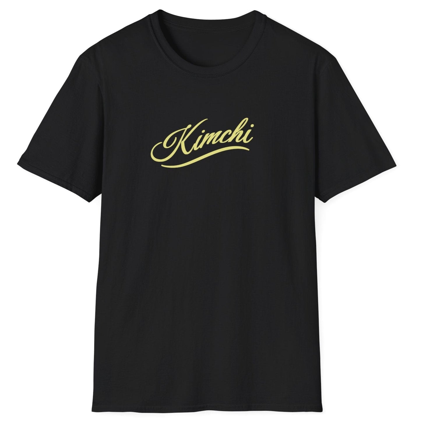 Elegant Kimchi T-Shirt in black featuring simple script font with a subtle flourish. A minimalist fermentation T-shirt and perfect gift for fermenters and kimchi lovers