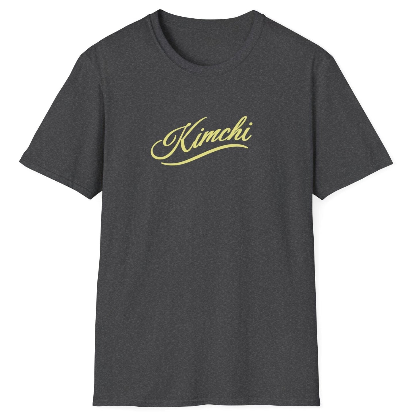 Elegant dark grey Kimchi T-Shirt featuring simple script font with a subtle flourish. A minimalist fermentation T-shirt and perfect gift for fermenters and kimchi lovers