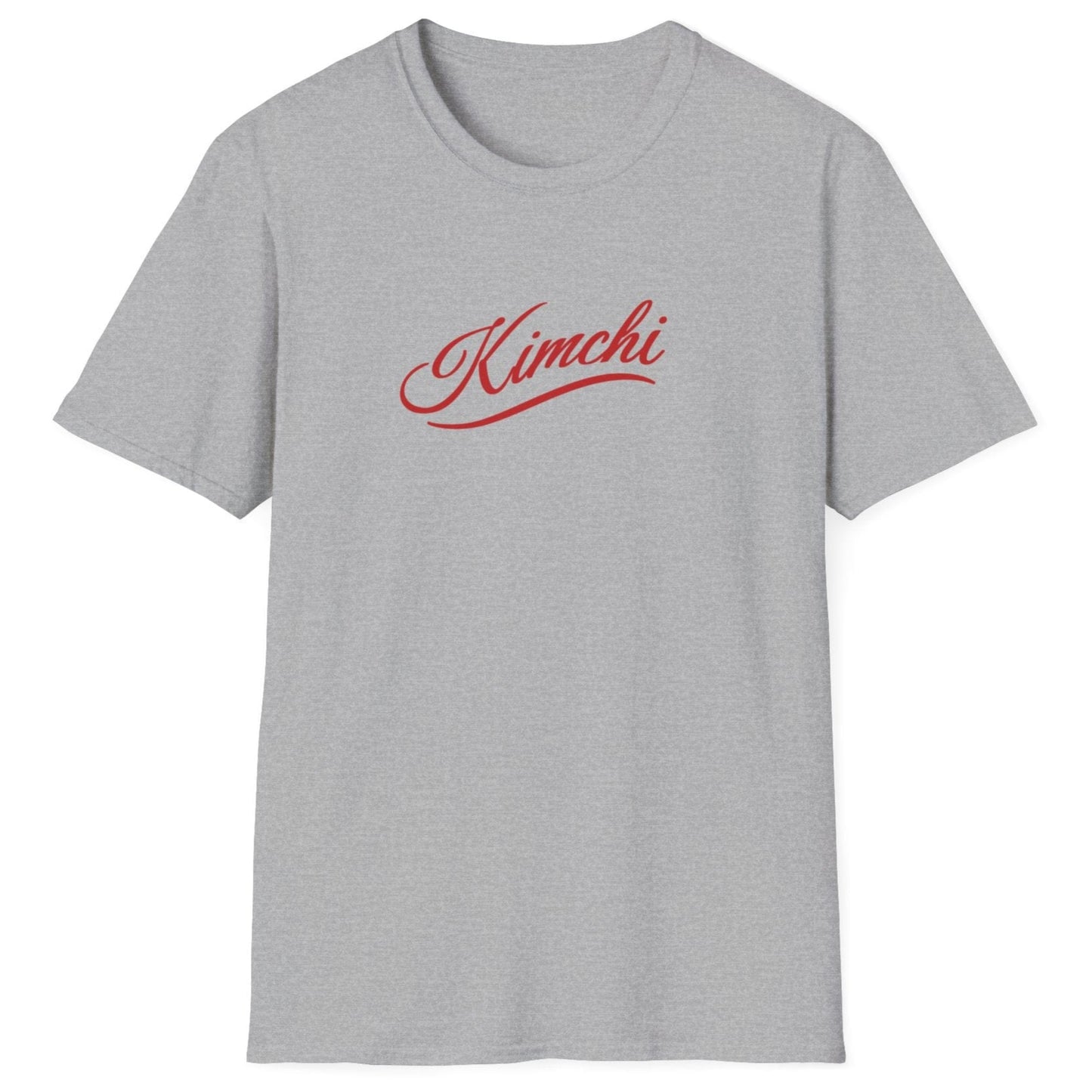 Elegant Kimchi T-Shirt in grey featuring simple script font with a subtle flourish. A minimalist fermentation T-shirt and perfect gift for fermenters and kimchi lovers