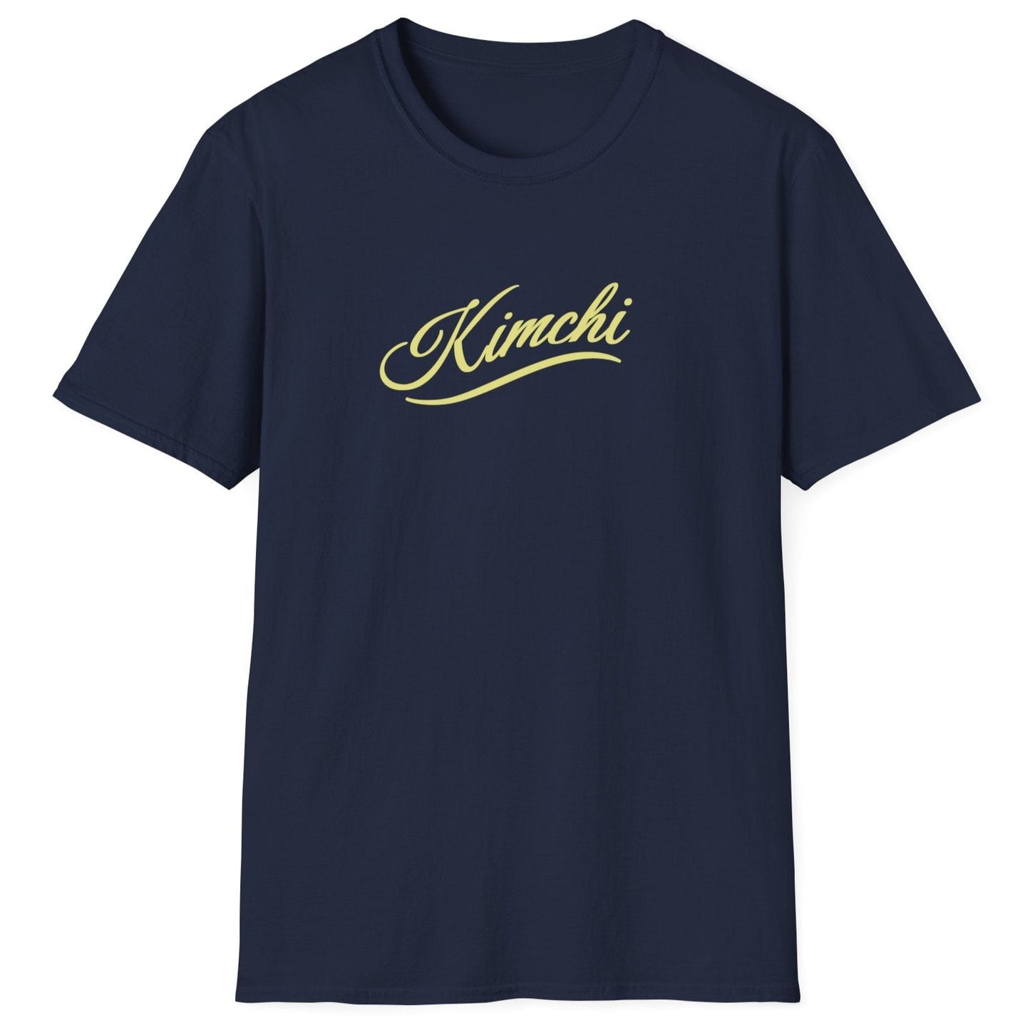 Elegant Kimchi T-Shirt in navy featuring simple script font with a subtle flourish. A minimalist fermentation T-shirt and perfect gift for fermenters and kimchi lovers