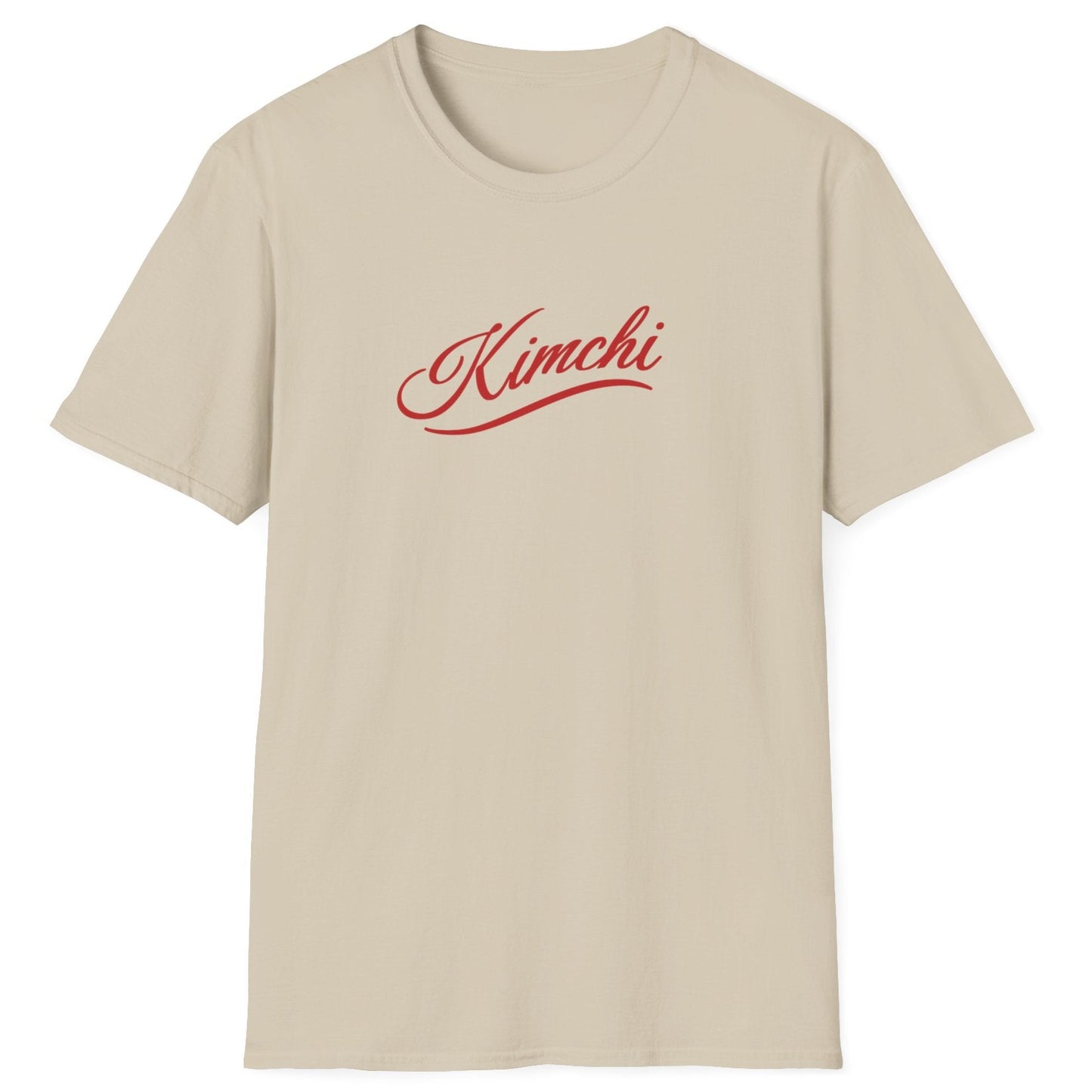 Elegant Kimchi T-Shirt in neutral featuring simple script font with a subtle flourish. A minimalist fermentation T-shirt and perfect gift for fermenters and kimchi lovers