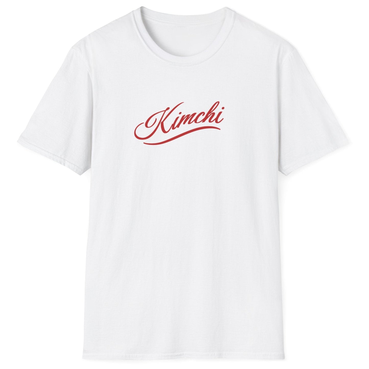 Elegant white Kimchi T-Shirt featuring simple script font with a subtle flourish. A minimalist fermentation T-shirt and perfect gift for fermenters and kimchi lovers