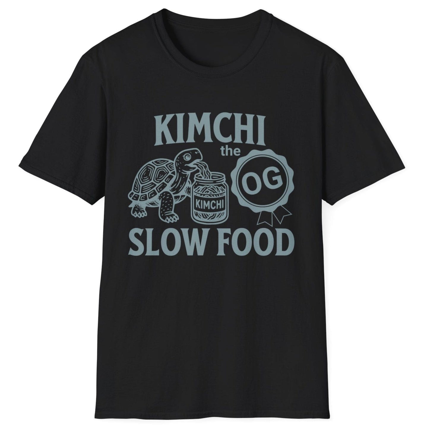 Retro-style line art illustration of a tortoise eating kimchi from an open jar, printed on a black fermentation T-shirt with the words 'Kimchi The OG Slow Food. Great gift for fermenters.