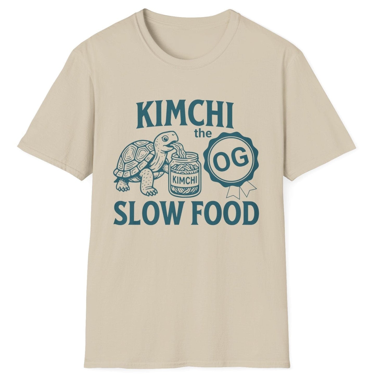 Retro-style line art illustration of a tortoise eating kimchi from an open jar, printed on a neutral fermentation T-shirt with the words 'Kimchi The OG Slow Food. Great gift for fermenters.