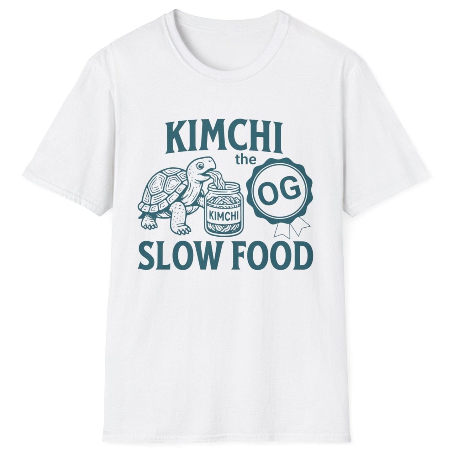 Retro-style line art illustration of a tortoise eating kimchi from an open jar, printed on a white fermentation T-shirt with the words 'Kimchi The OG Slow Food. Great gift for fermenters.