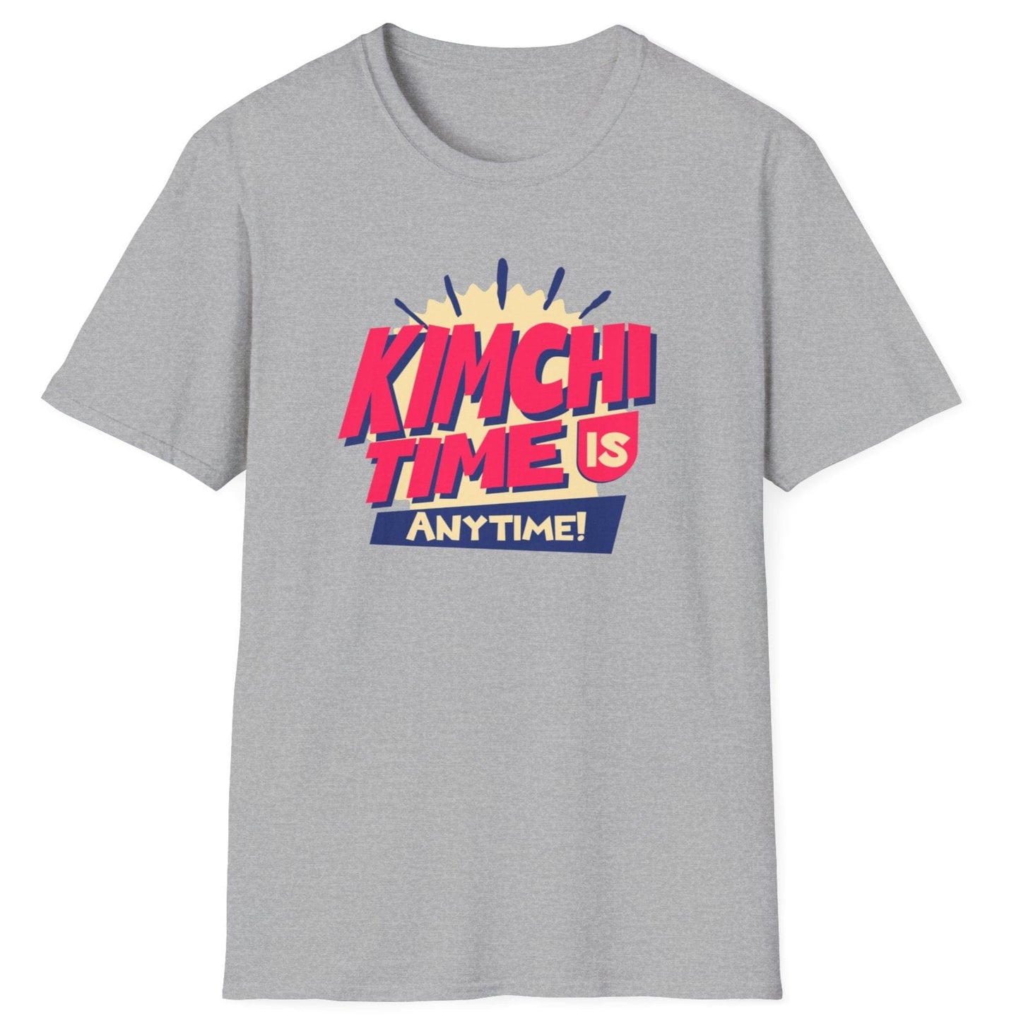 Kimchi Time Is Any Time fermentation T-shirt in sports grey for kimchi lovers, foodies, and fermentation fans. Bold typography design celebrating a love for Korean cuisine. Soft, breathable unisex cotton tee, perfect for everyday wear and foodie gifts.