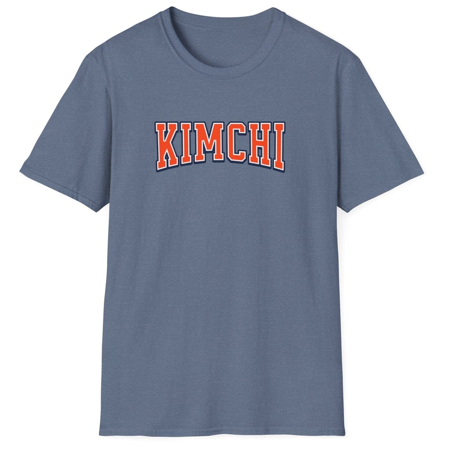 Kimchi Varsity fermentation T-Shirt in blue with bold varsity-style typography, inspired by Korean food culture and traditional kimchi heritage