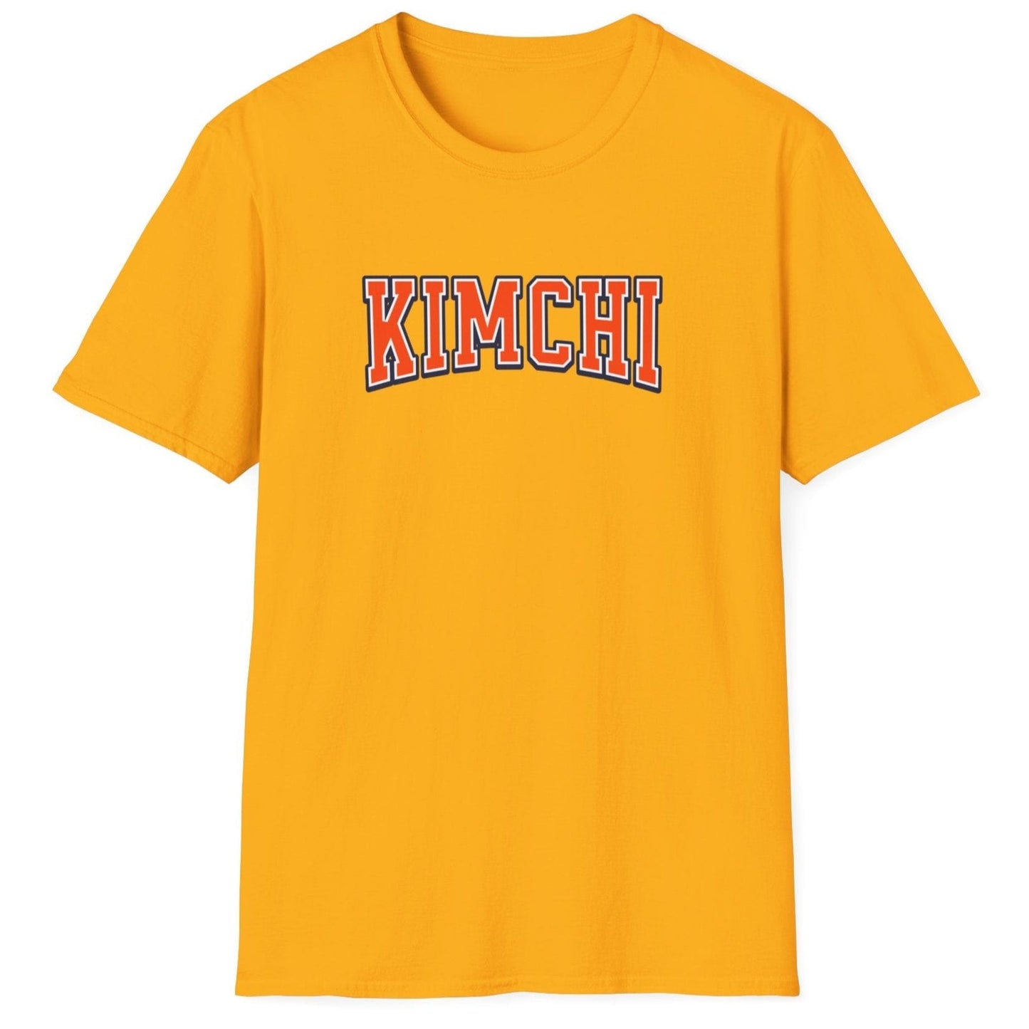 Kimchi Varsity fermentation T-Shirt in gold with bold varsity-style typography, inspired by Korean food culture and traditional kimchi heritage