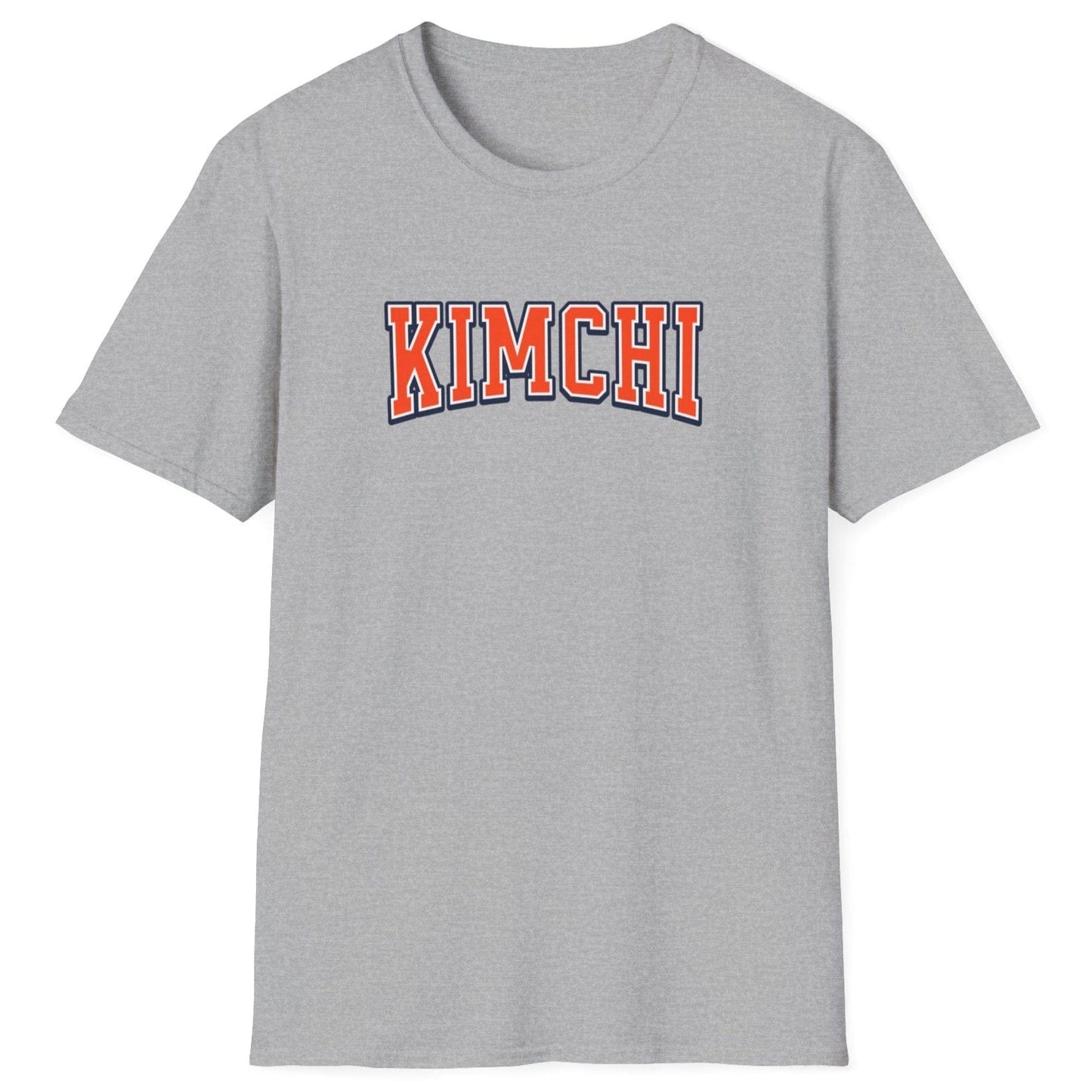 Kimchi Varsity fermentation T-Shirt in grey with bold varsity-style typography, inspired by Korean food culture and traditional kimchi heritage
