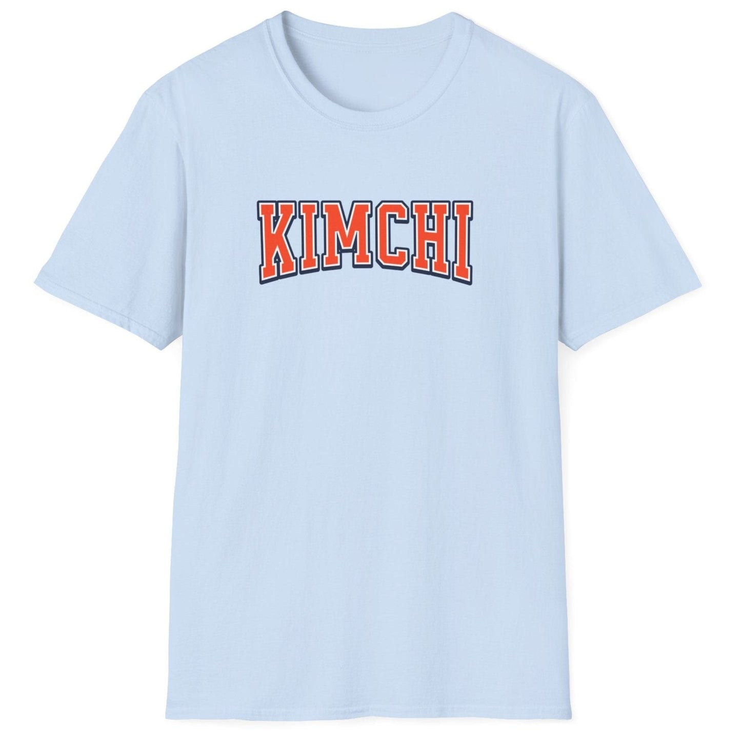 Kimchi Varsity fermentation T-Shirt in light blue featuring the word 'KIMCHI' in a bold varsity-style font, combining classic collegiate design with Korean food culture