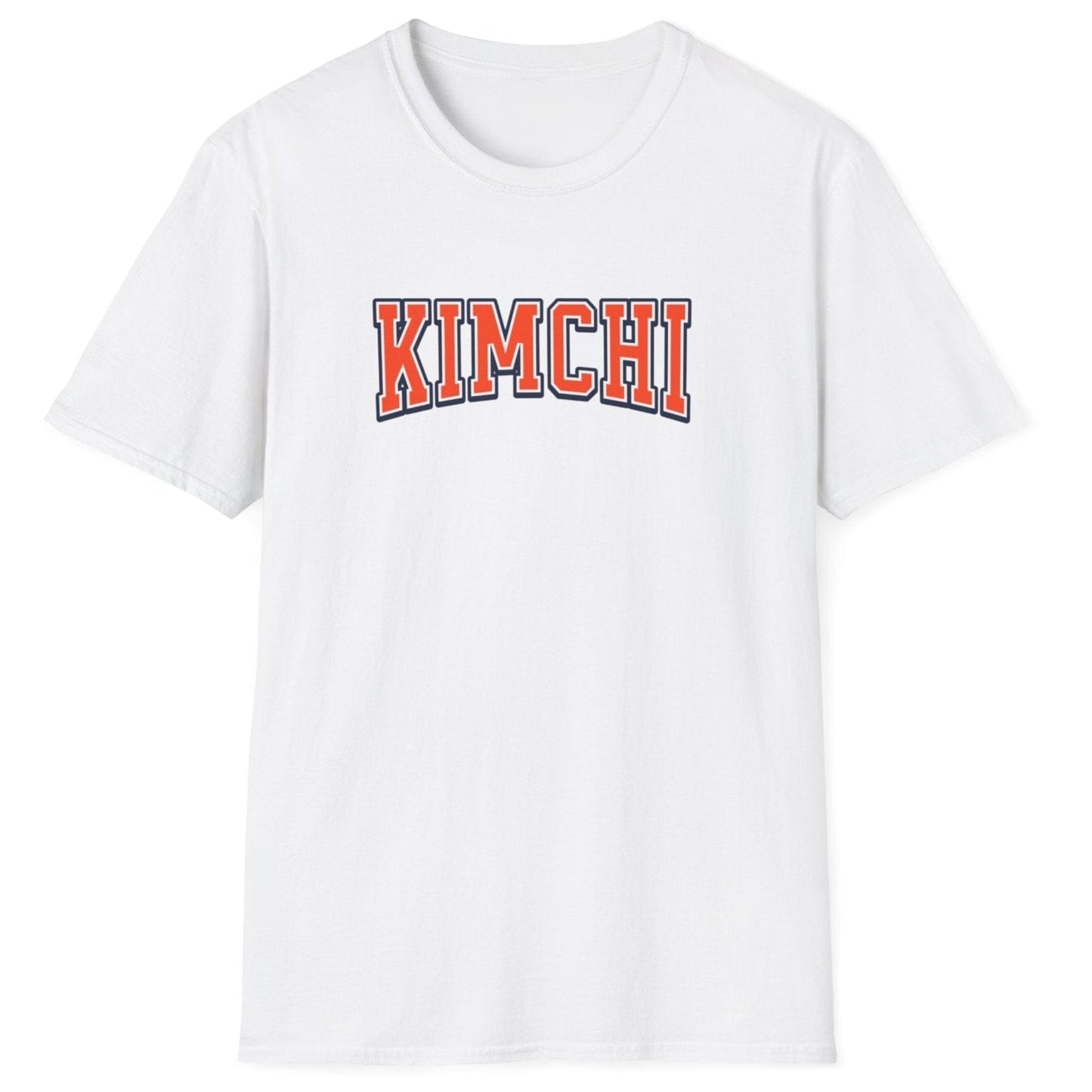 Kimchi Varsity fermentation T-Shirt in white with bold varsity-style typography, inspired by Korean food culture and traditional kimchi heritage