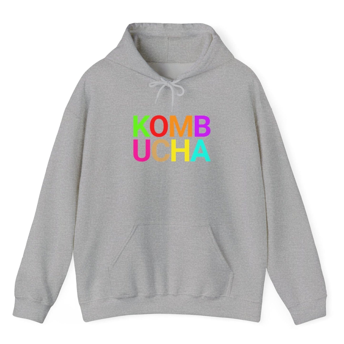 Grey hoodie with the word 'KOMBUCHA' in bold colourful typography. Great gift for fermenters and kombucha brewers.