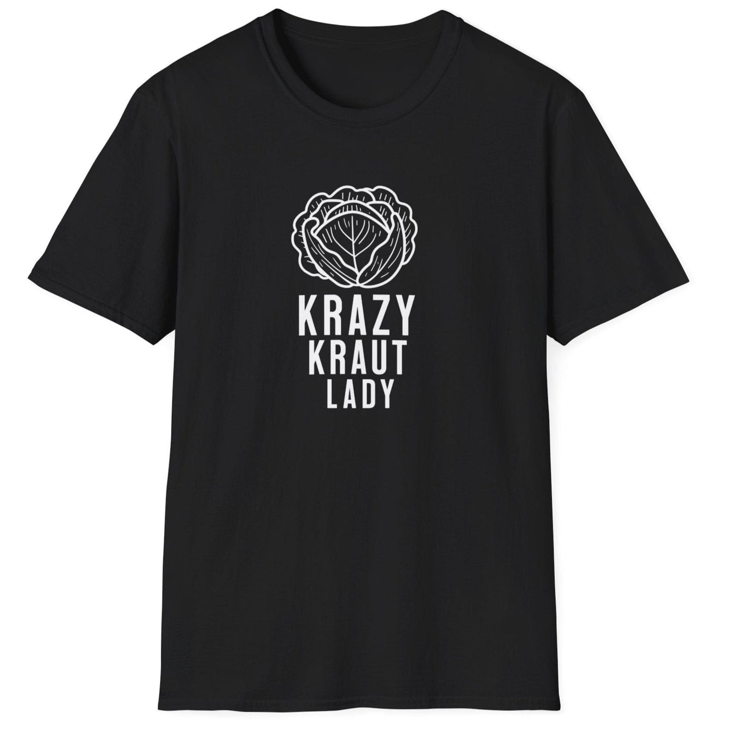 Unisex black cotton T-shirt featuring the fun "Krazy Kraut Lady" design, perfect for sauerkraut lovers, fermentation enthusiasts, and those passionate about probiotic-rich foods